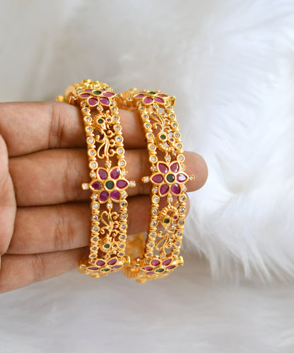 Gold tone ruby-emerald flower-peacock bangles (2.10) dj-39060