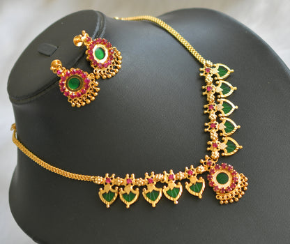 Gold tone pink-green palakka Kerala style necklace set dj-39724