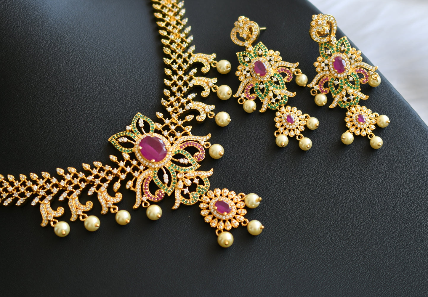 Gold tone cz-ruby-emerald flower necklace set dj-03453