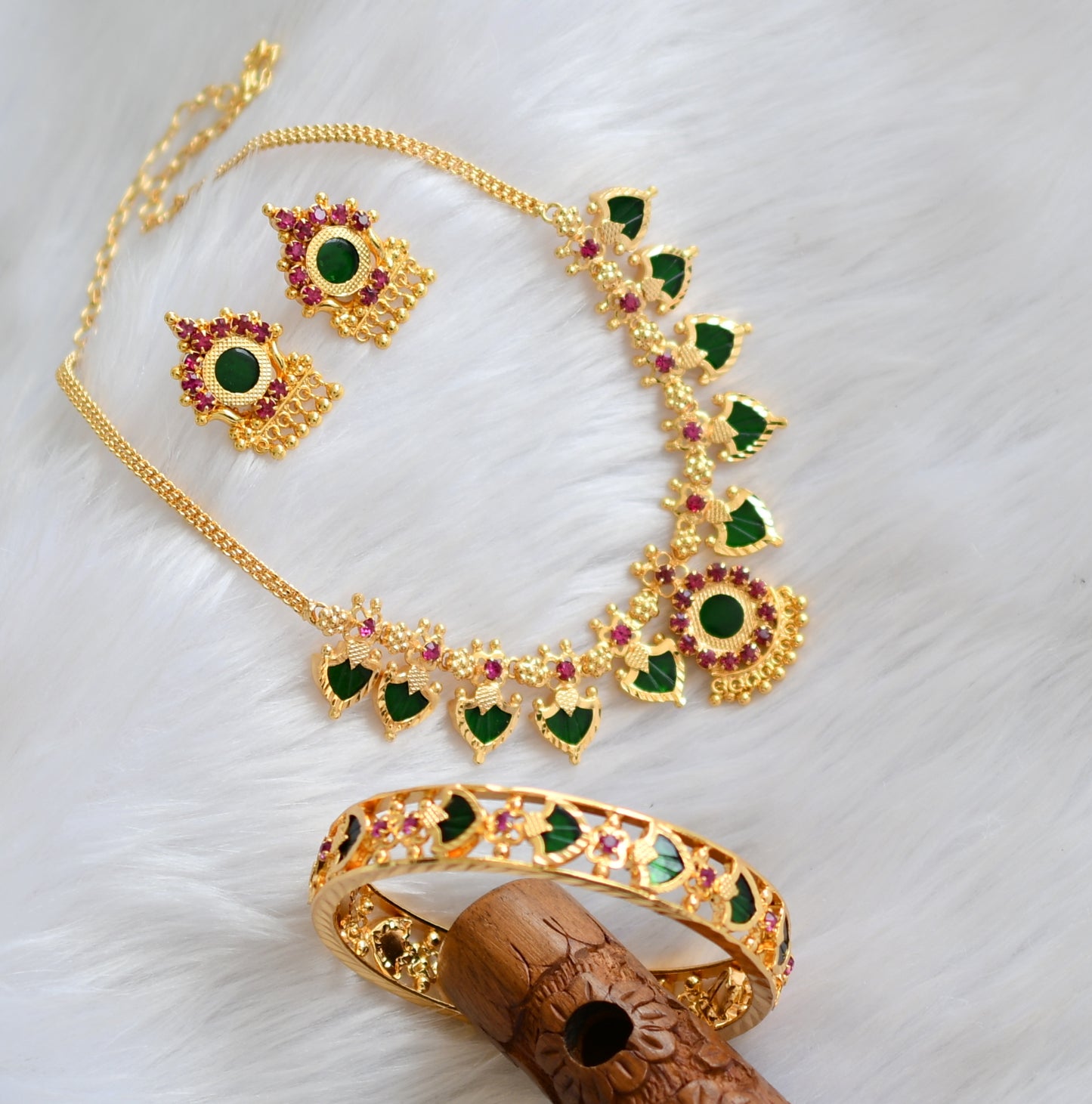 Gold tone pink-green palakka Kerala style necklace set with bangle dj-39723