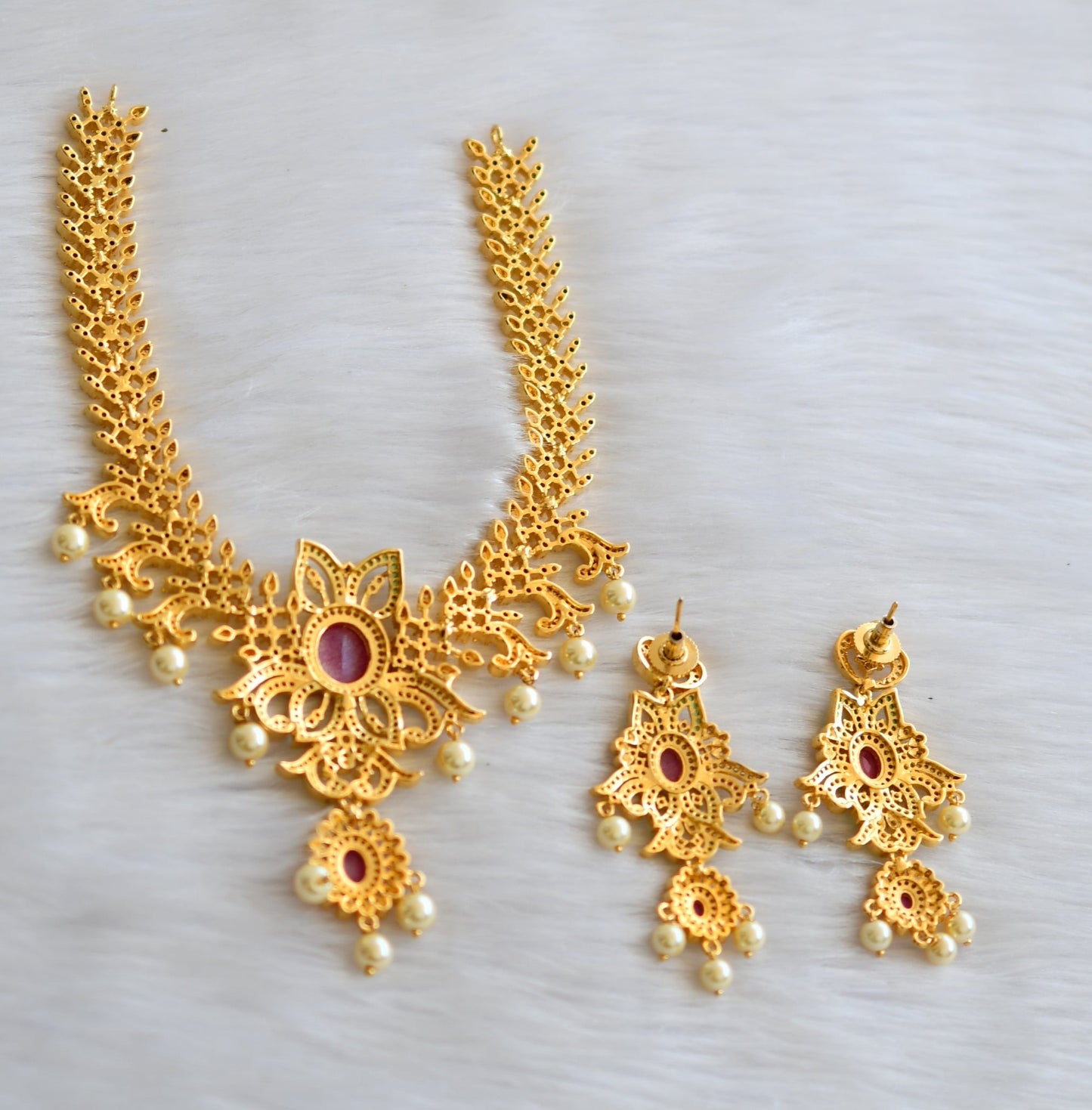 Gold tone cz-ruby-emerald flower necklace set dj-03453