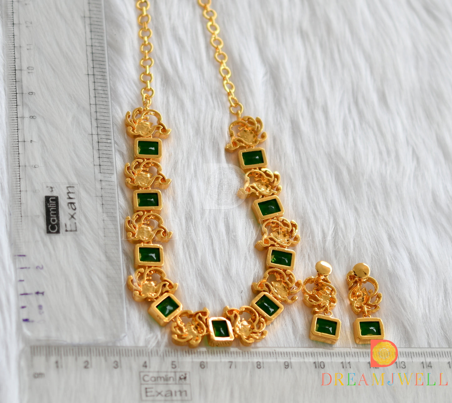 Gold tone bottle green block stone swan sufi necklace set dj-38197