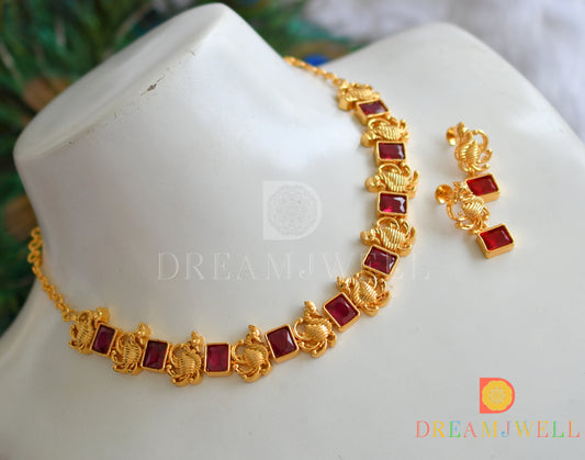 Gold tone Red block stone swan sufi necklace set dj-38198