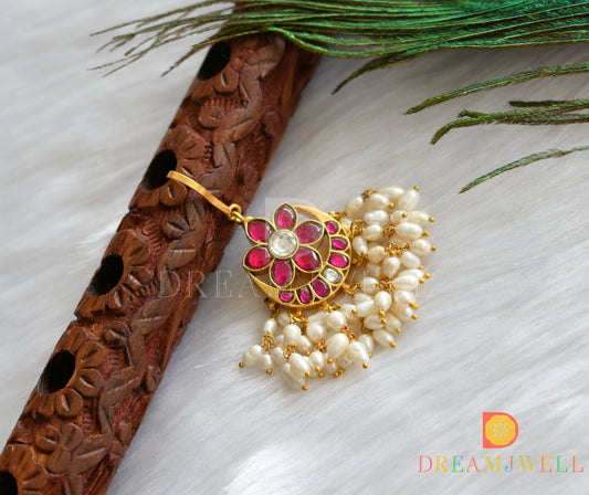 Gold tone pink-white kundan jadau flower rice pearl tikka dj-37486