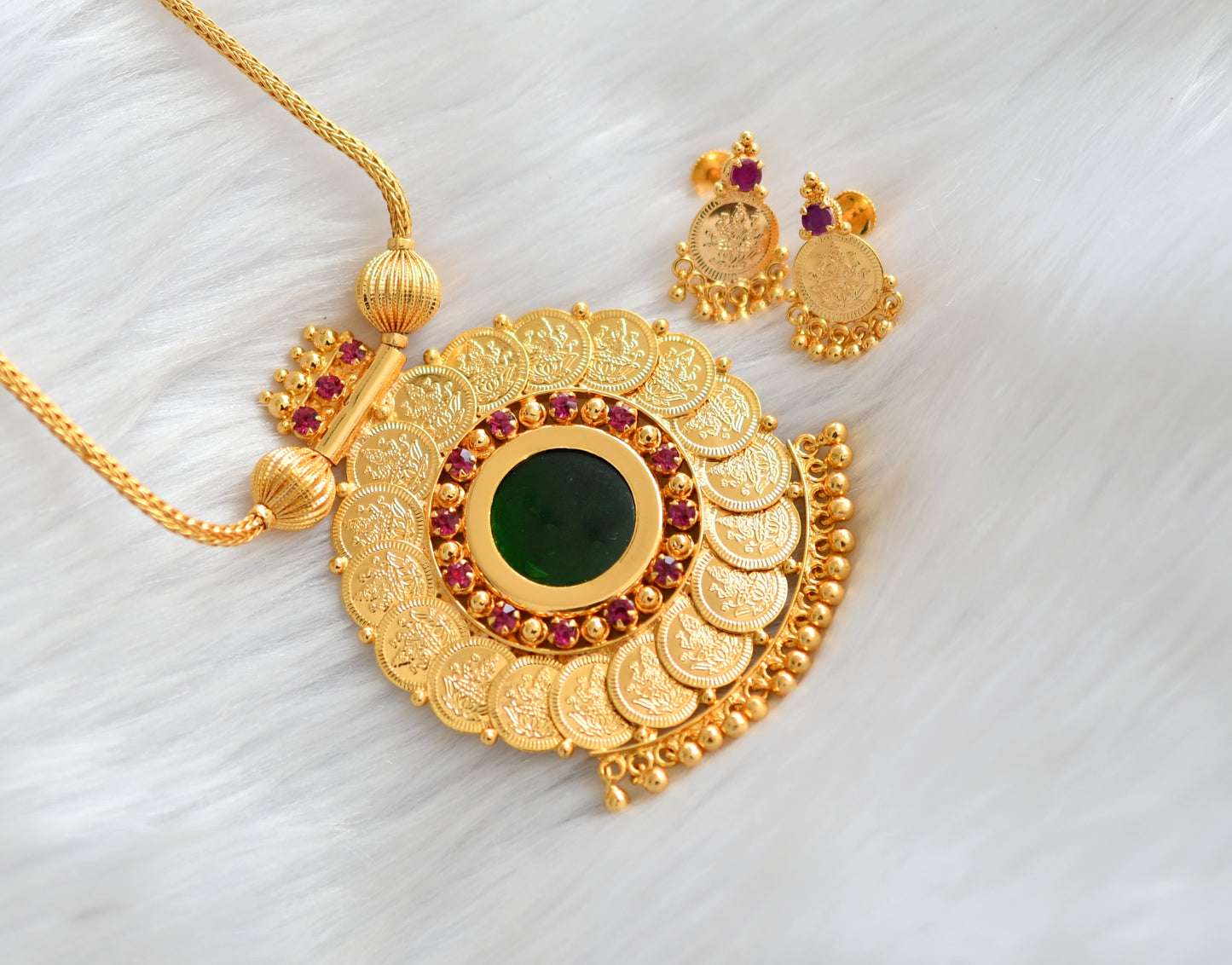 Gold tone pink-green round Lakshmi coin Kerala style necklace set with kada dj-39719