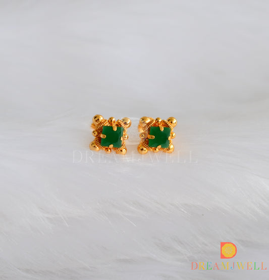 Gold tone green square stone stud/Earrings dj-38225