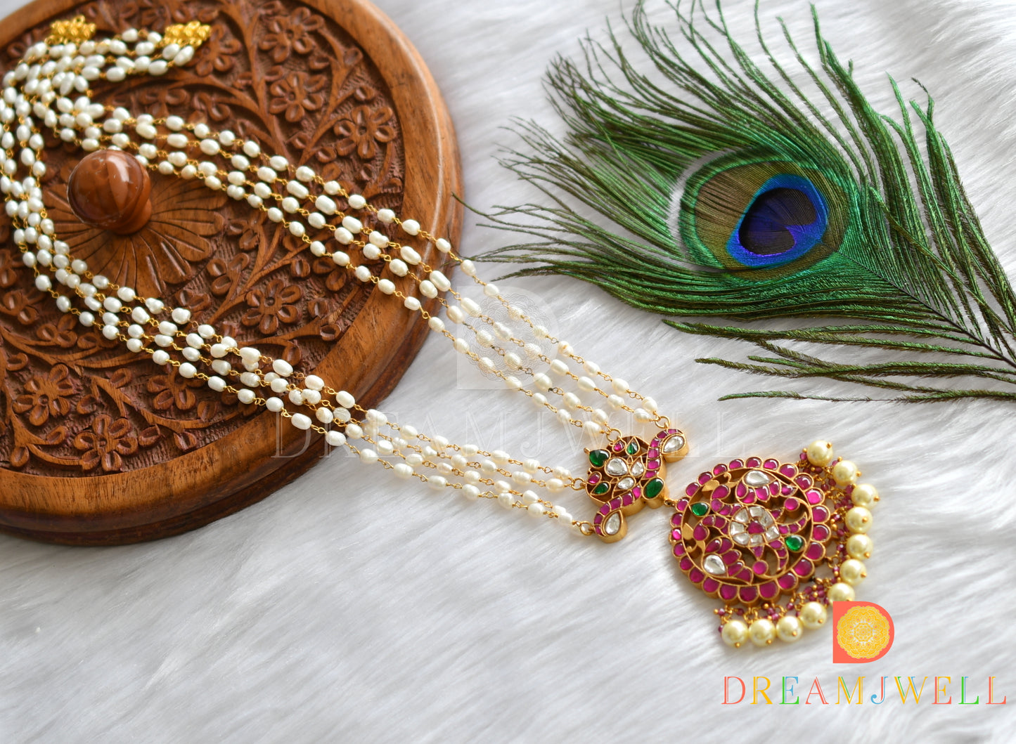 Gold tone pink- green Ganda berunda jadau rice pearls haar dj-37485