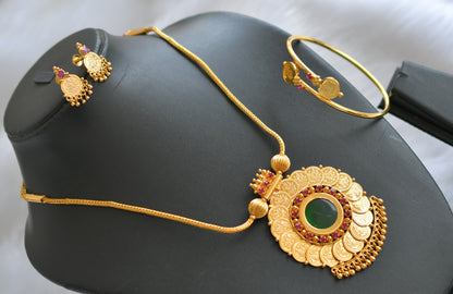 Gold tone pink-green round Lakshmi coin Kerala style necklace set with kada dj-39719