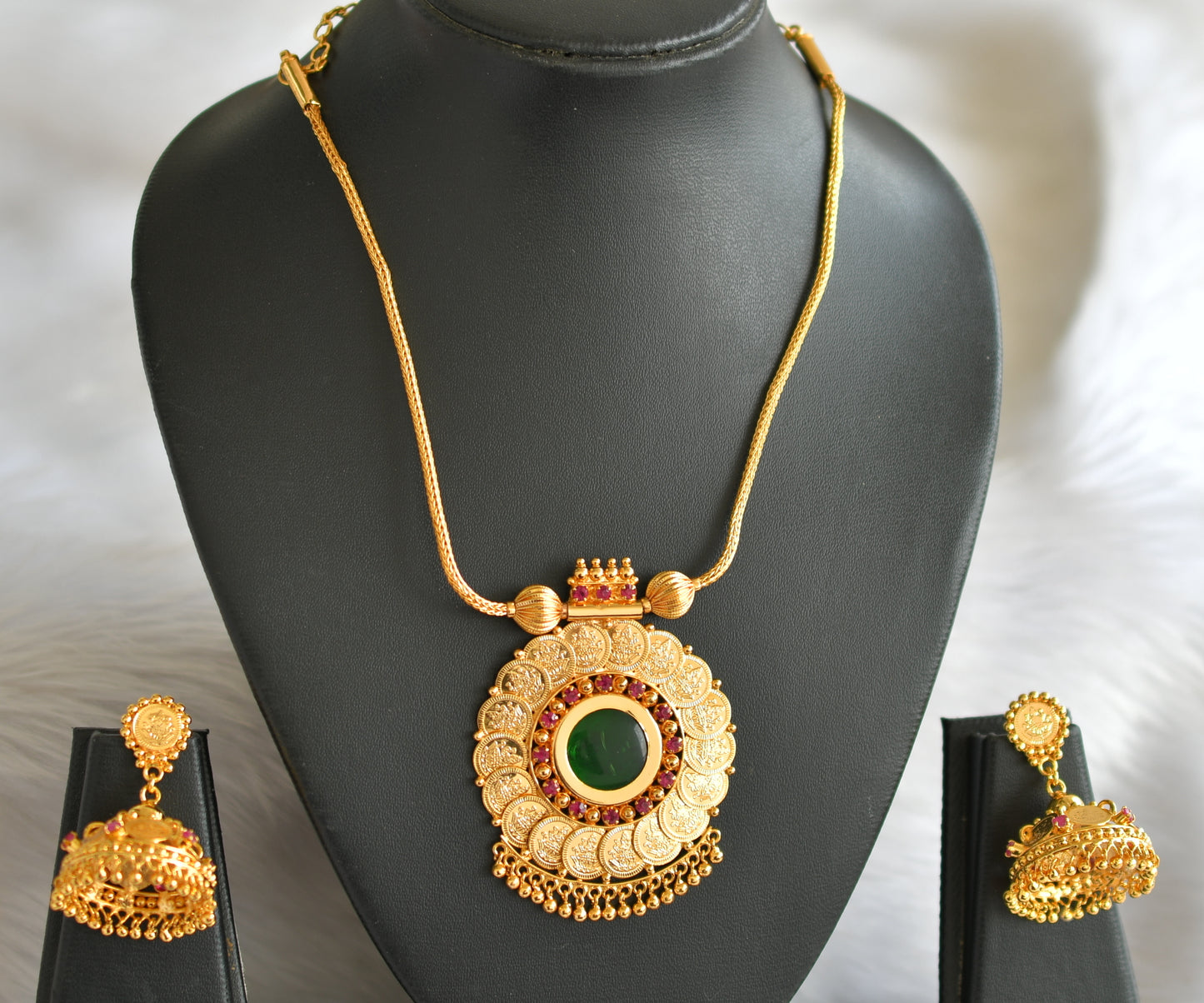 Gold tone pink-green round Kerala style Lakshmi coin necklace set dj-39720