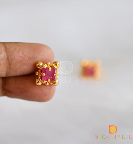 Gold tone ruby square stone stud/Earrings dj-38226