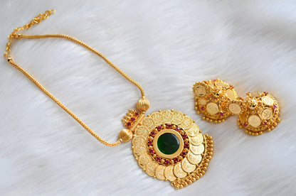 Gold tone pink-green round Kerala style Lakshmi coin necklace set dj-39720