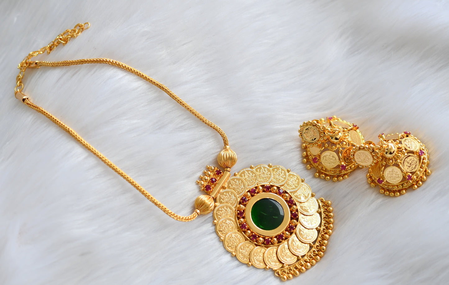 Gold tone pink-green round Kerala style Lakshmi coin necklace set dj-39720