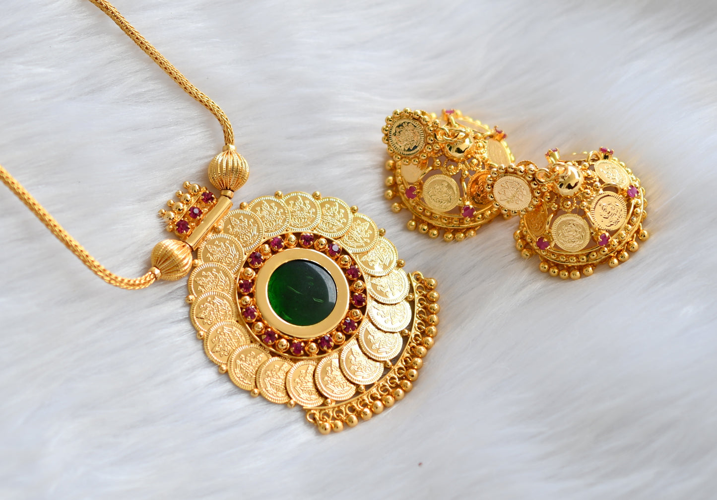 Gold tone pink-green round Kerala style Lakshmi coin necklace set dj-39720