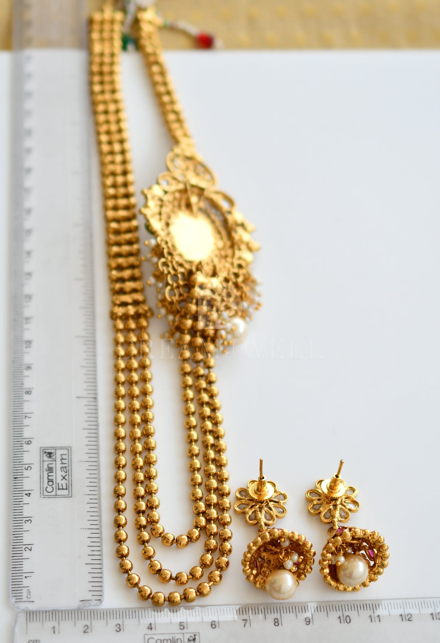 Antique gold tone Kundan Ruby-green Mugappu Multilayer Short Haar Set dj-12689