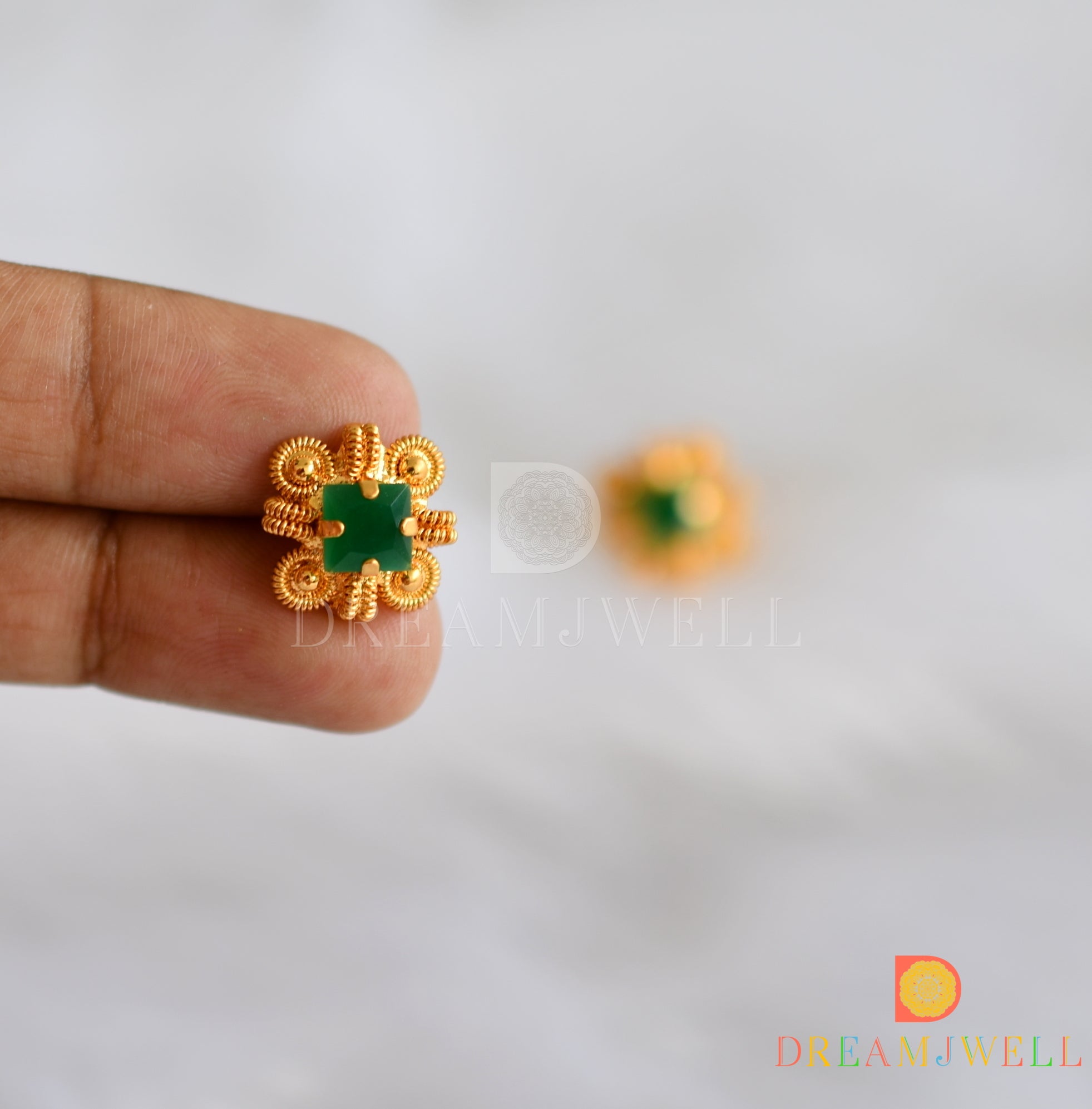 Green Stone Studded Drop Shaped Gold Earring | Designer Studs - PC Chandra