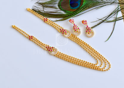 Gold Tone Multilayer Kemp-green Peacock Mugappu Necklace Set-dj09225