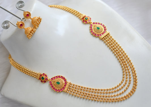 Gold tone ruby-green mugappu multilayer necklace set dj-20326