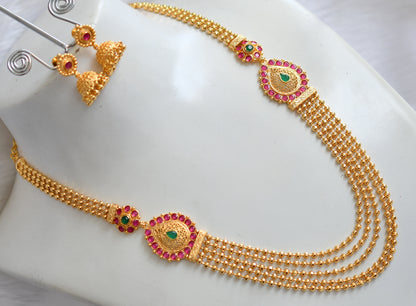 Gold tone ruby-green mugappu multilayer necklace set dj-20326