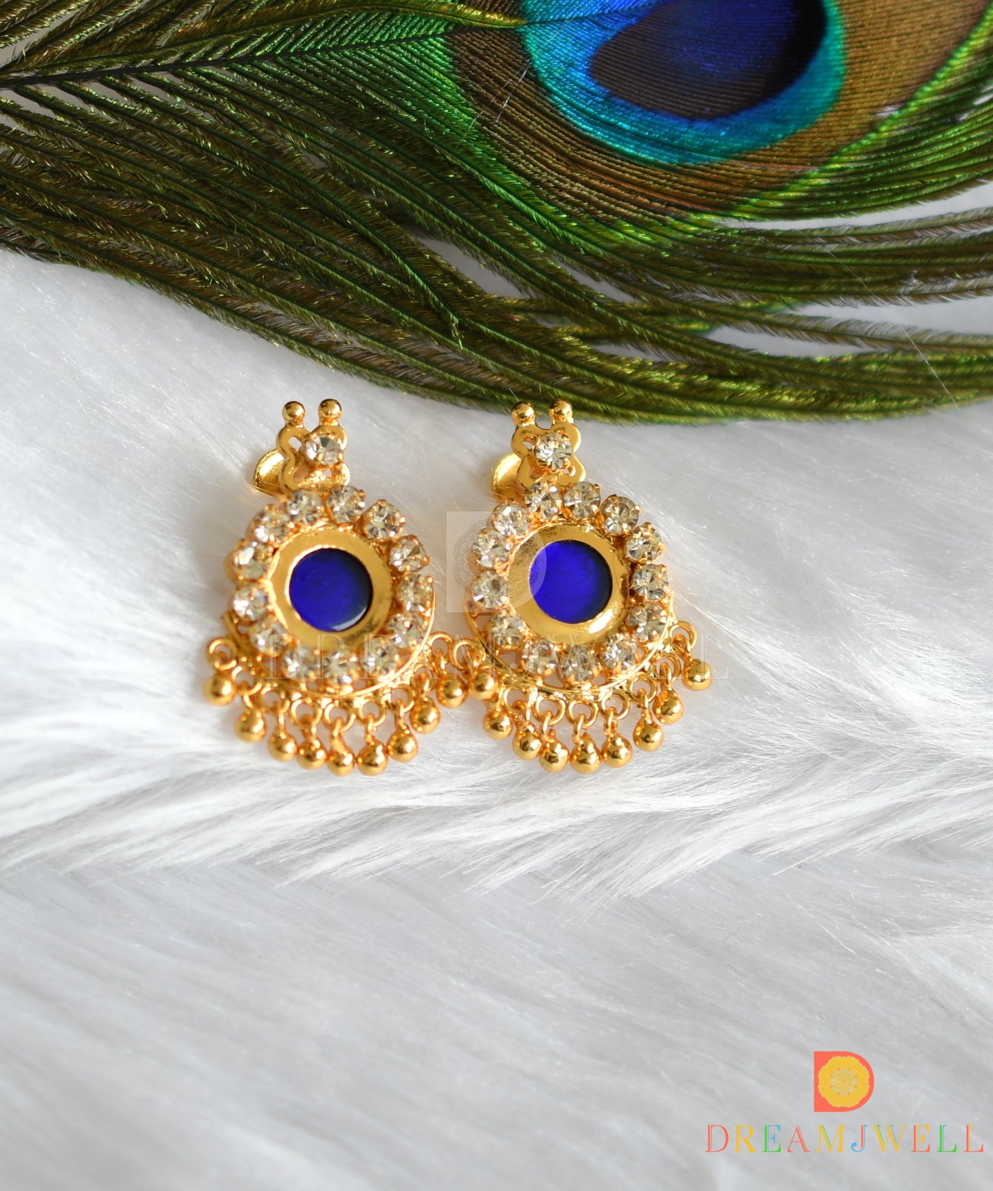 Gold tone round blue-white stone Kerala style earrings dj-37488