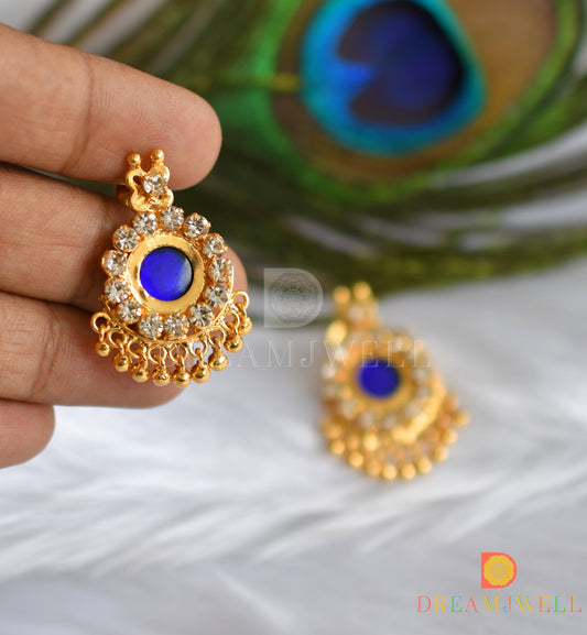 Gold tone round blue-white stone Kerala style earrings dj-37488