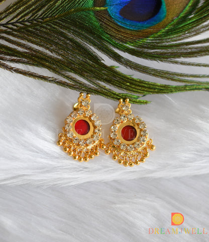 Gold tone round Red-white stone Kerala style earrings dj-37489