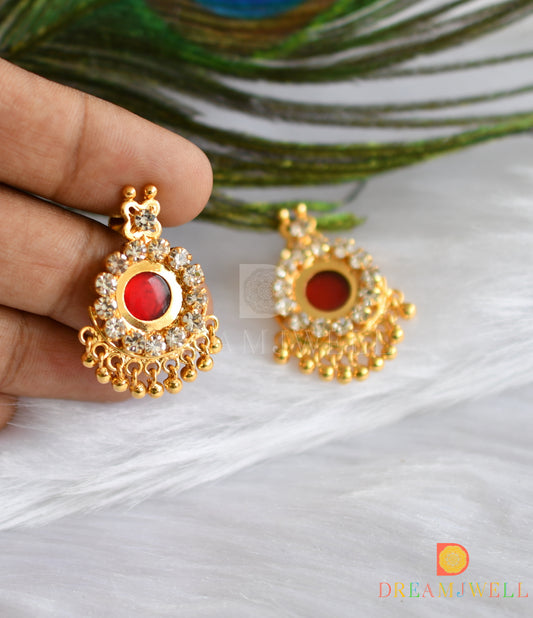 Gold tone round Red-white stone Kerala style earrings dj-37489