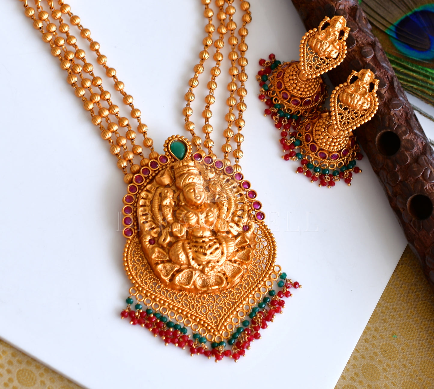 Matte Finish Ruby-emerald Multilayer Lakshmi Haar Set dj-10574