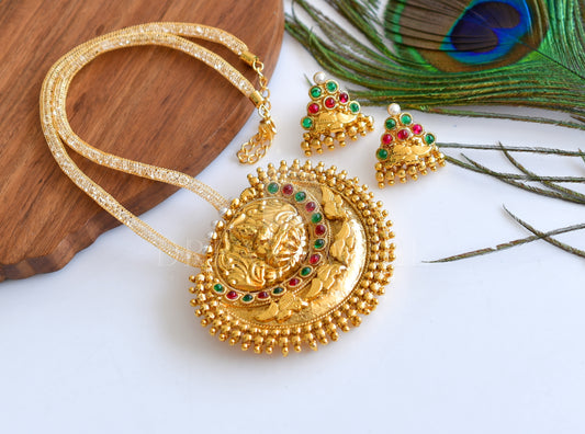 Antique Gold Tone Kemp-green Pearl Big Lakshmi Pendant Necklace Set dj-11290