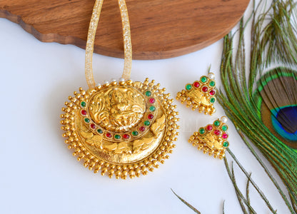 Antique Gold Tone Kemp-green Pearl Big Lakshmi Pendant Necklace Set dj-11290