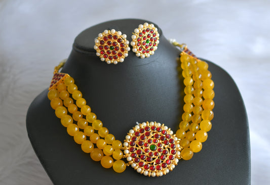Gold tone yellow agate beaded round pendant choker necklace set dj-19501