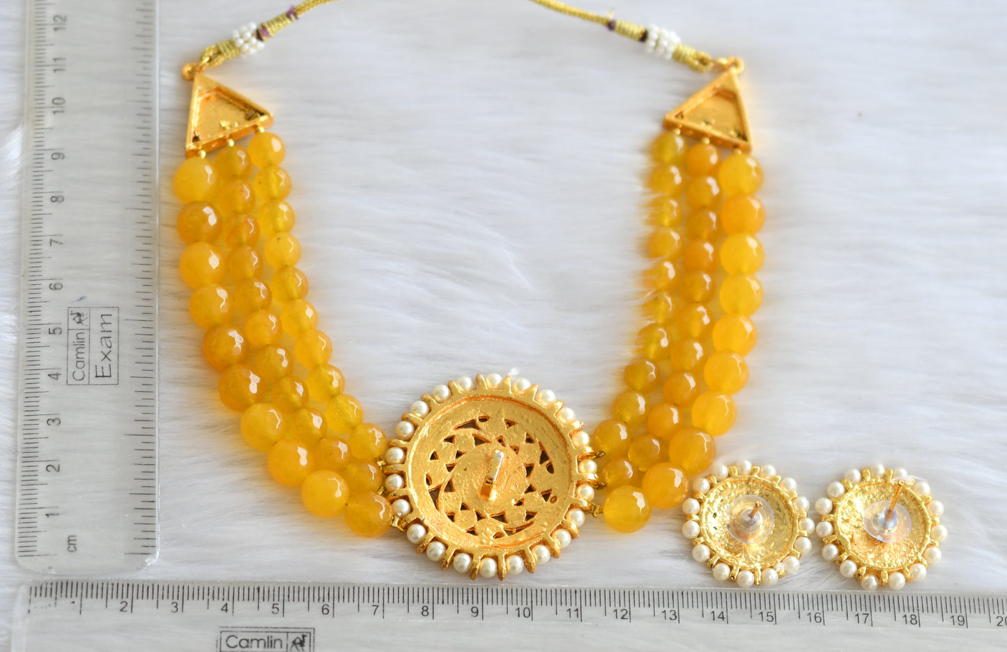 Gold tone yellow agate beaded round pendant choker necklace set dj-19501