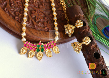 Gold tone ruby-emerald Lakshmi mango coin necklace set dj-35965