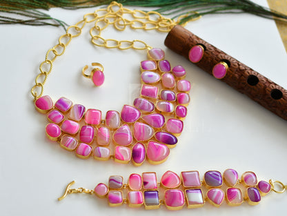 Gold tone Pink stone combo Set dj-12547