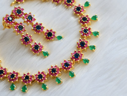 Gold tone ruby-green-blue flower neckalce set dj-10717