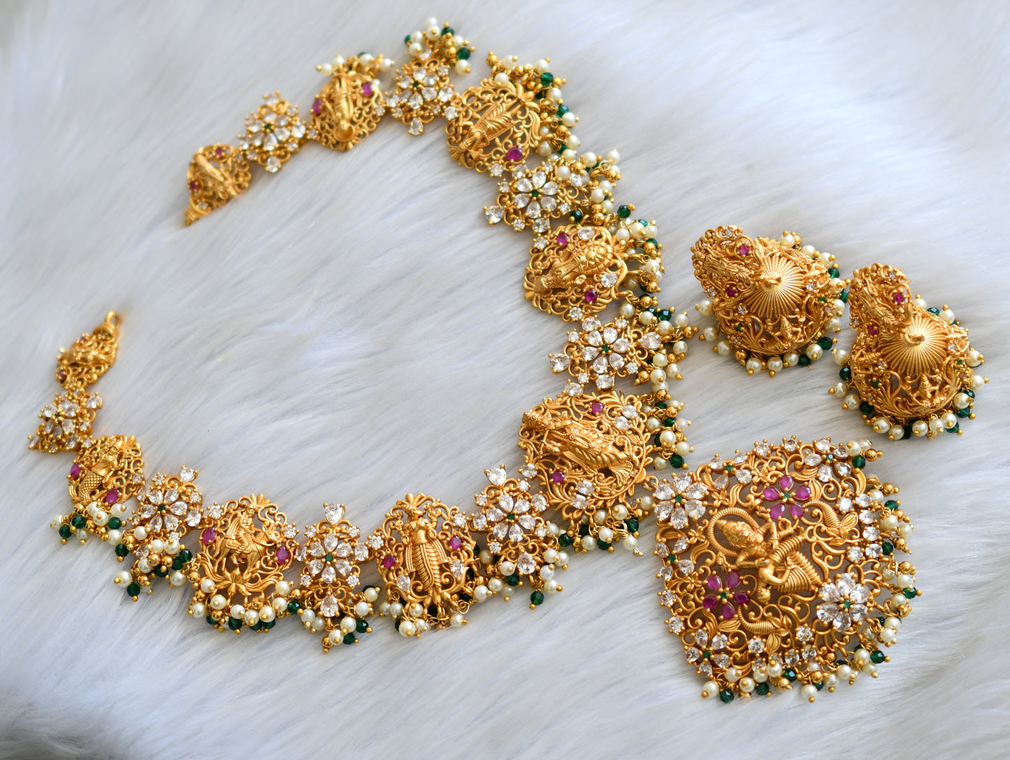 Matte finish ruby-emerald-white Dasavathar necklace set dj-34243