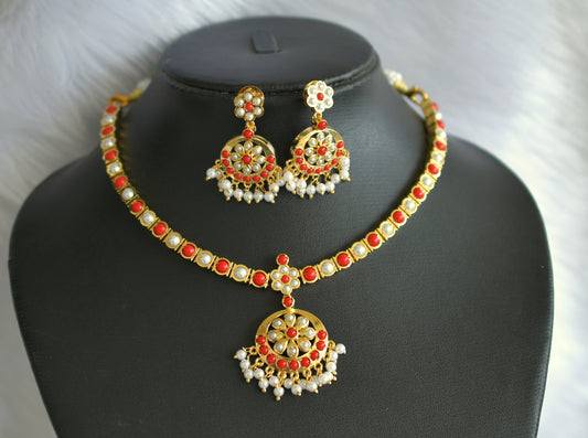 Gold tone pearl-coral south indian style attigai/necklace set dj-18310