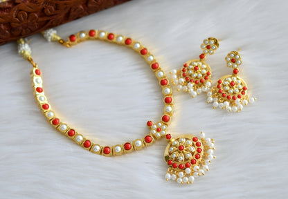 Gold tone pearl-coral south indian style attigai/necklace set dj-18310