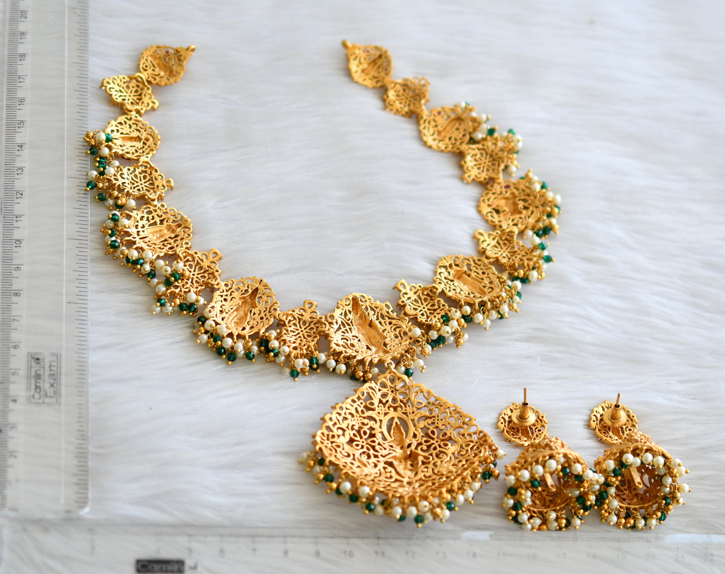 Matte finish ruby-emerald-white Dasavathar necklace set dj-34243