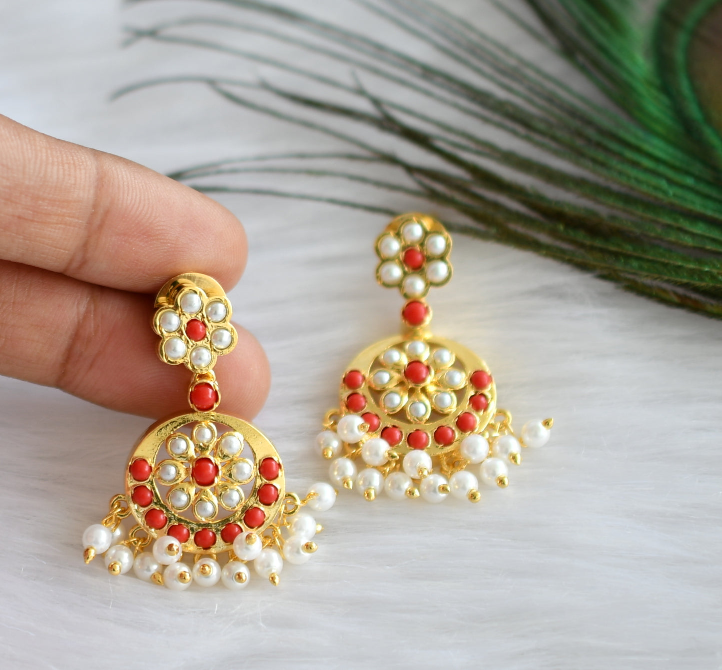 Gold tone pearl-coral south indian style attigai/necklace set dj-18310