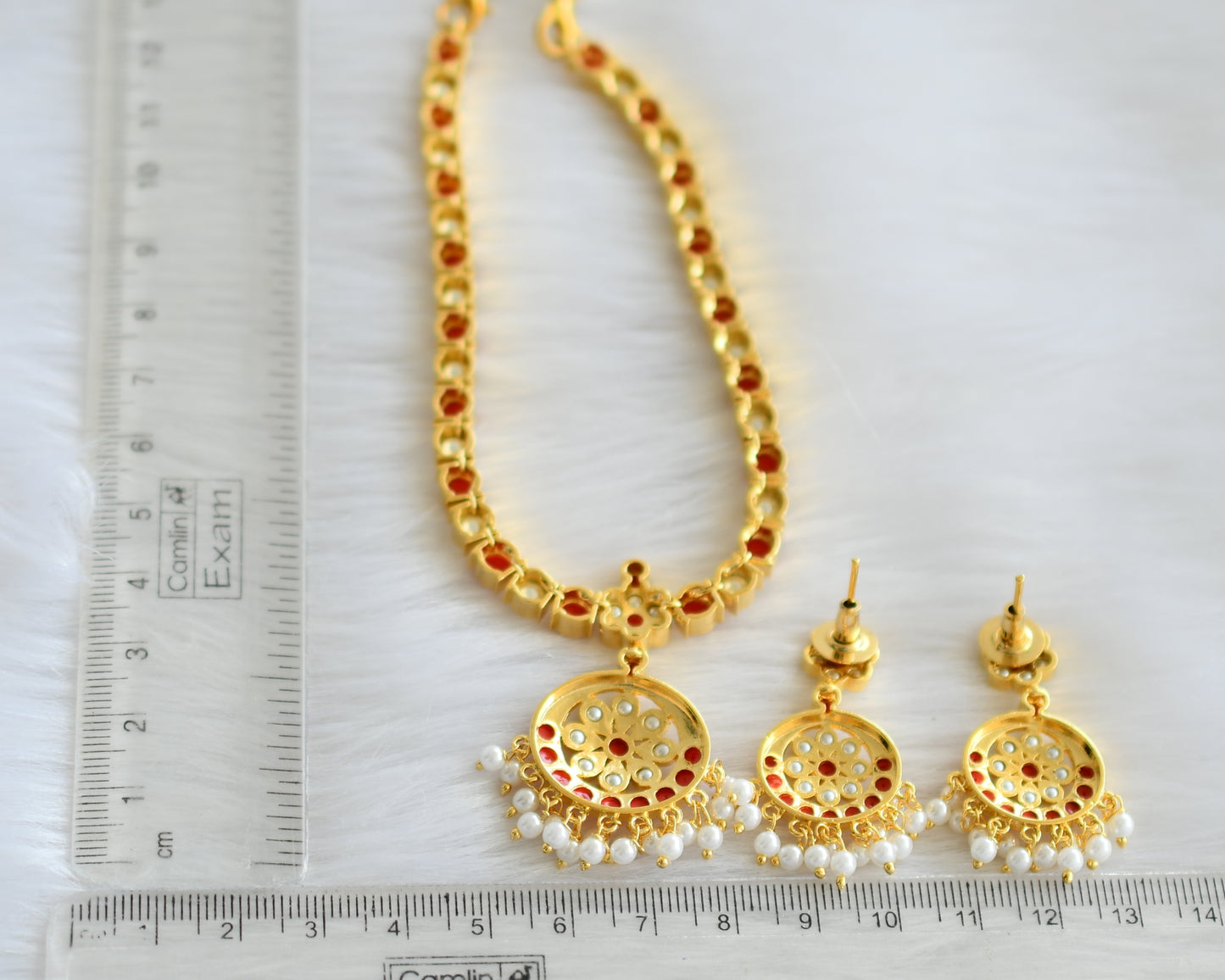 Gold tone pearl-coral south indian style attigai/necklace set dj-18310