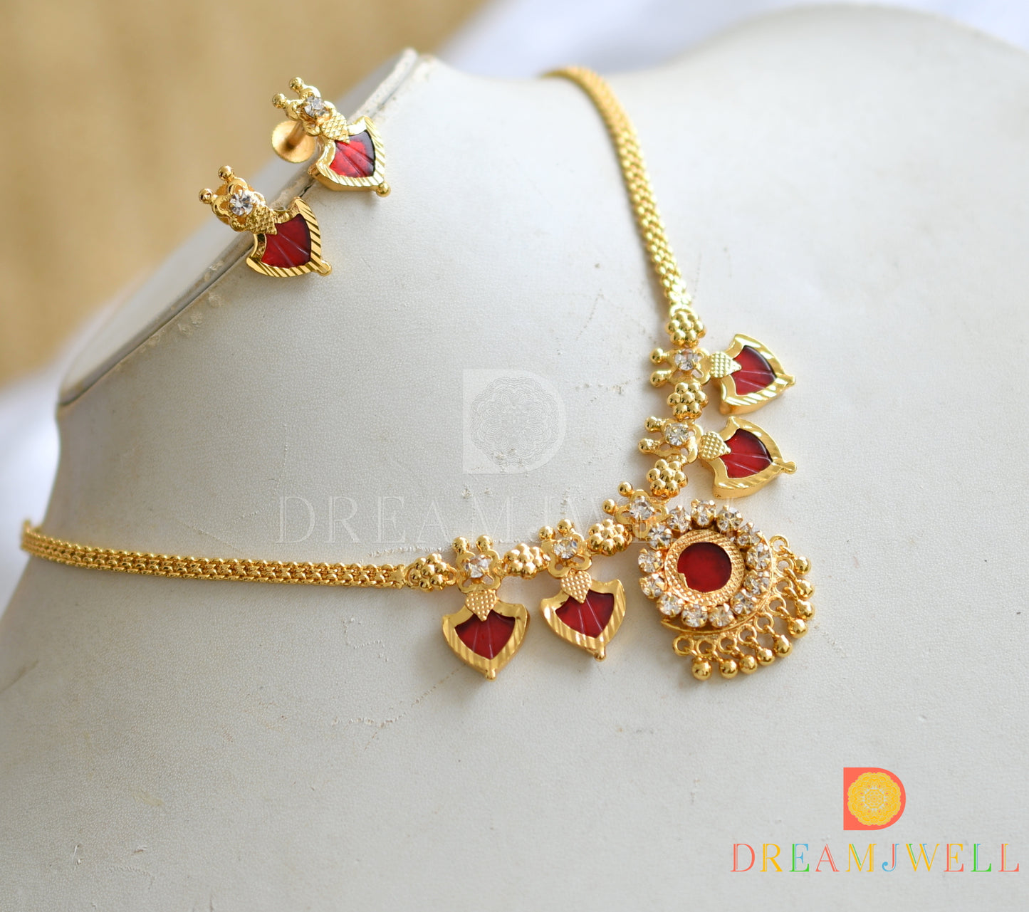 Gold tone Red palakka kerala style necklace set dj-37541