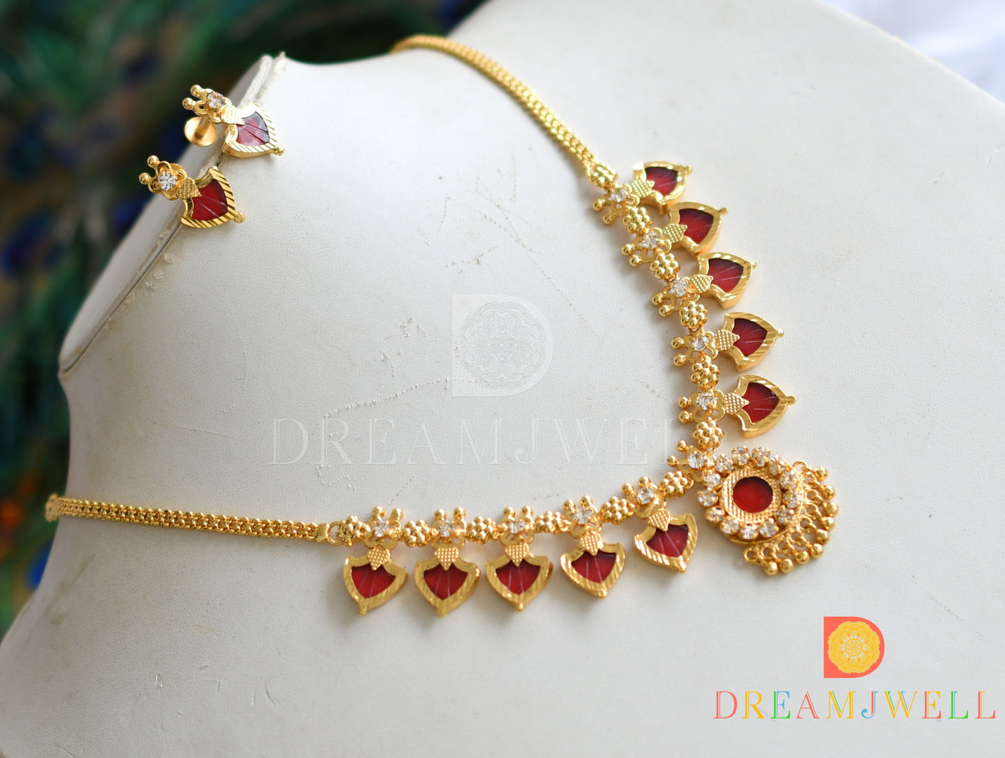 Gold tone Red palakka kerala style necklace set dj-37542