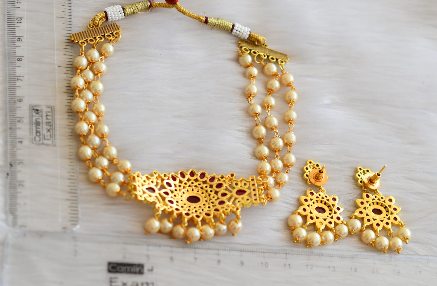 Gold tone kemp-green pearl choker necklace set dj-41866
