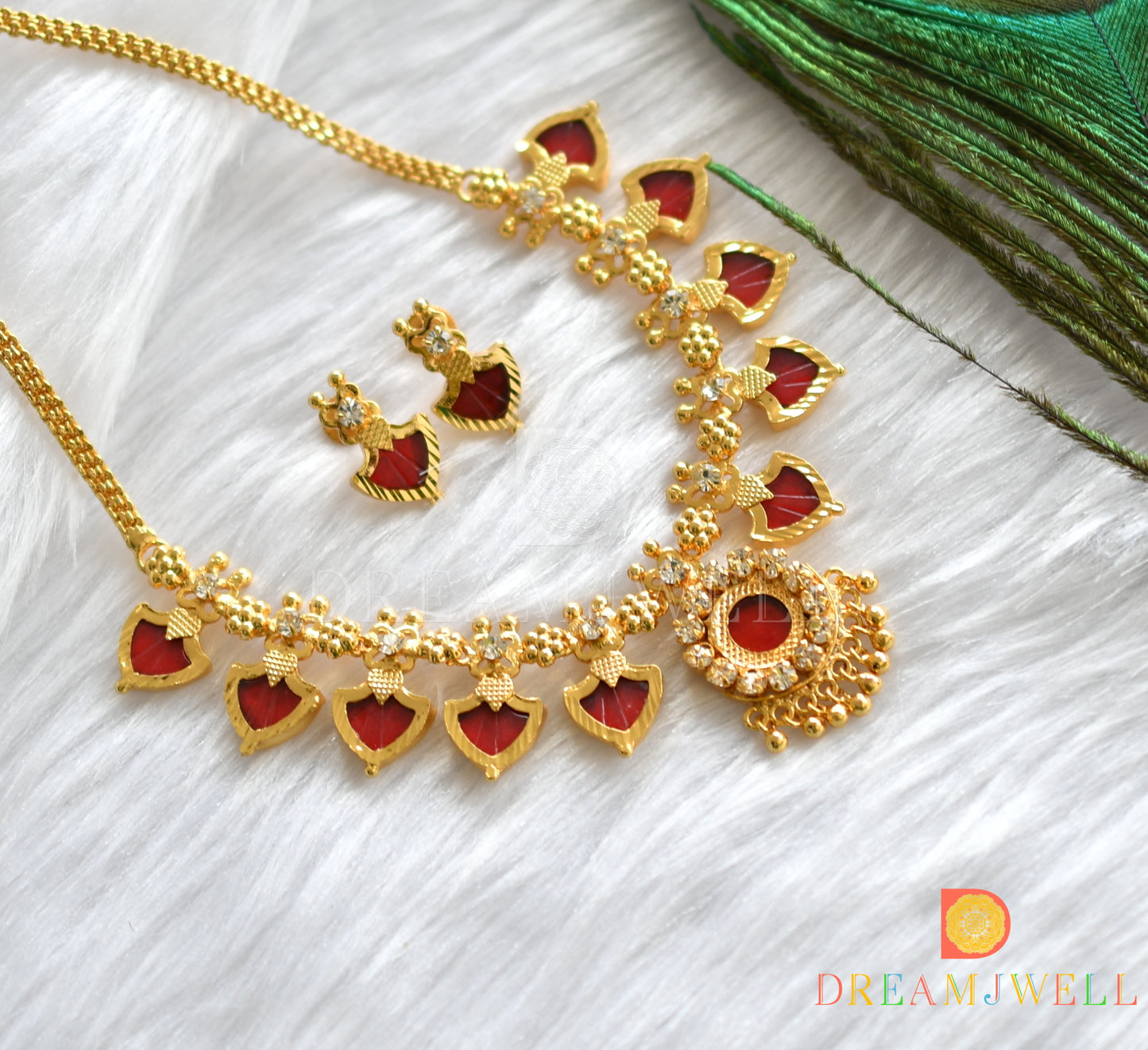 Gold tone Red palakka kerala style necklace set dj-37542