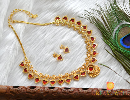 Gold tone Red palakka kerala style necklace set dj-37543