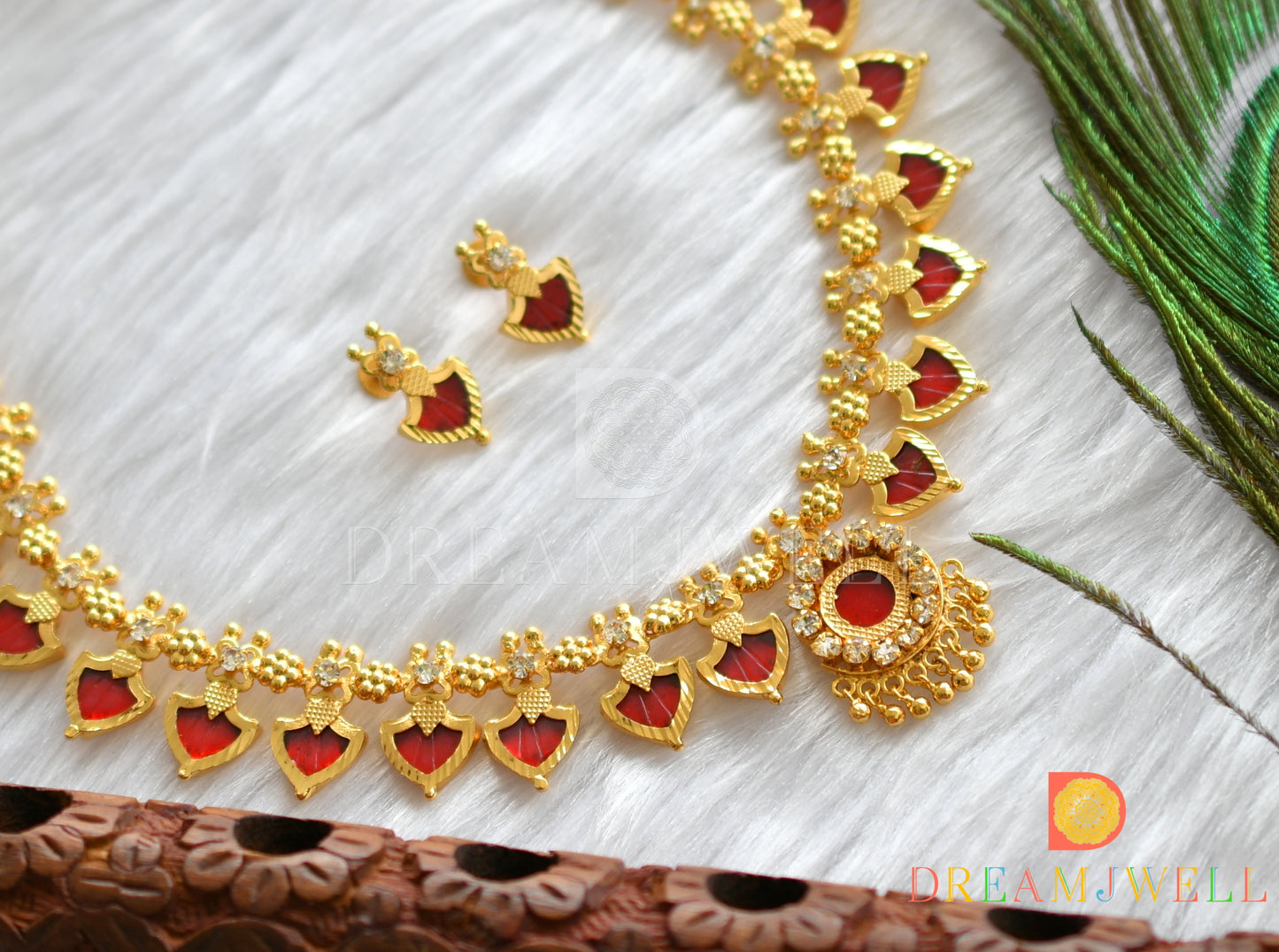 Gold tone Red palakka kerala style necklace set dj-37543