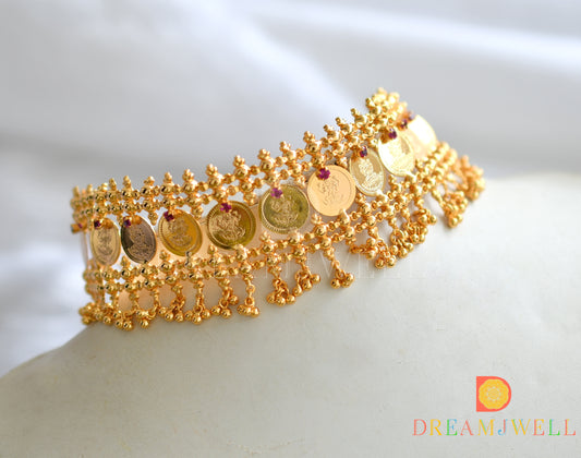 Gold tone pink stone Lakshmi coin choker necklace dj-37444