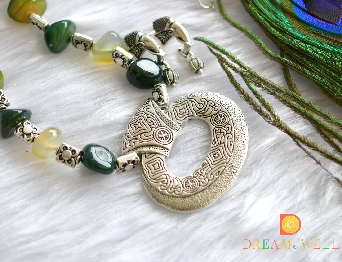 Silver tone green onyx beads necklace set dj-37454