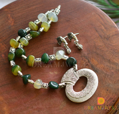 Silver tone green onyx beads necklace set dj-37454