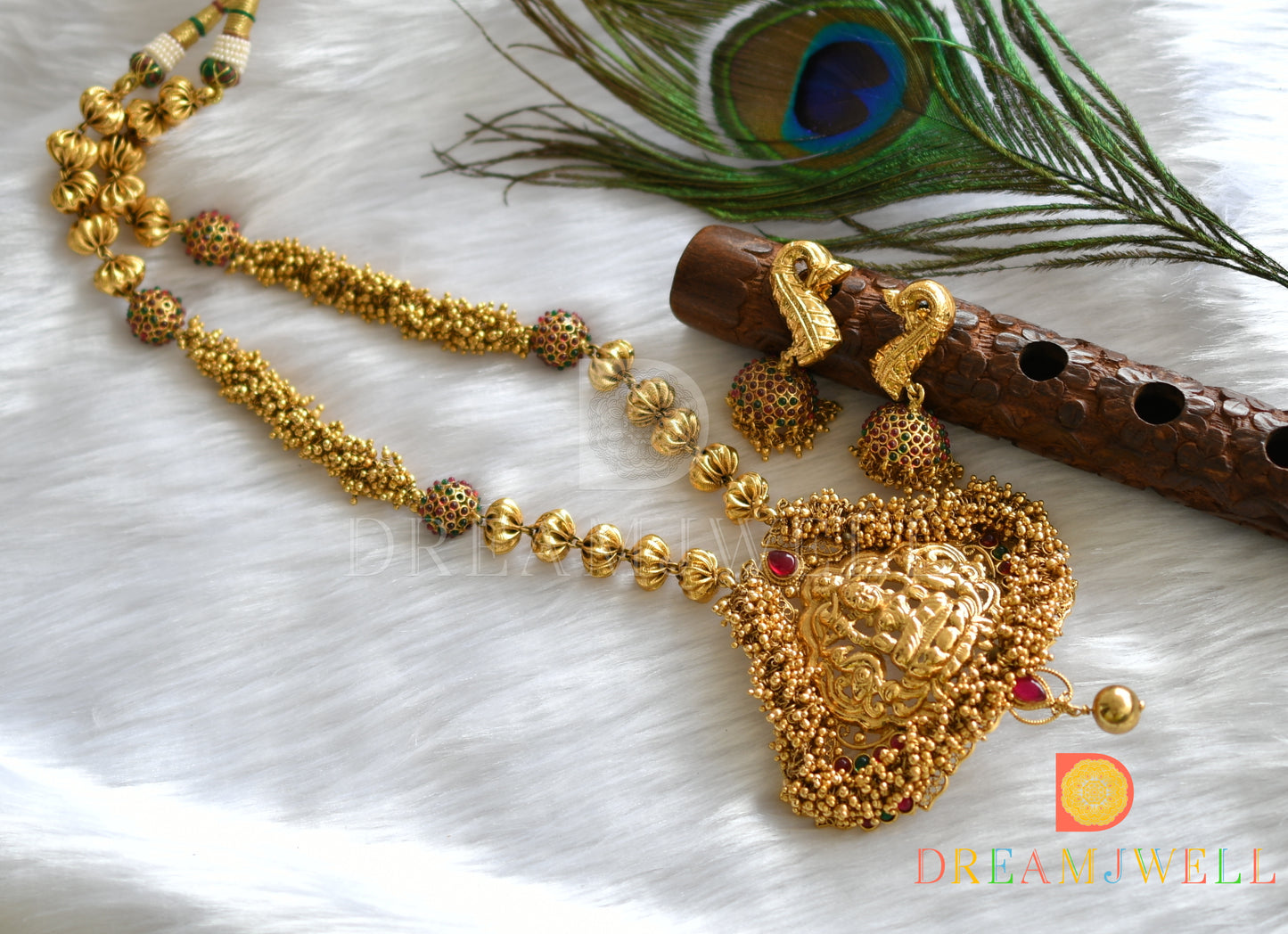 Antique kemp-green Lakshmi-Peacock gold cluster haar set dj-37461